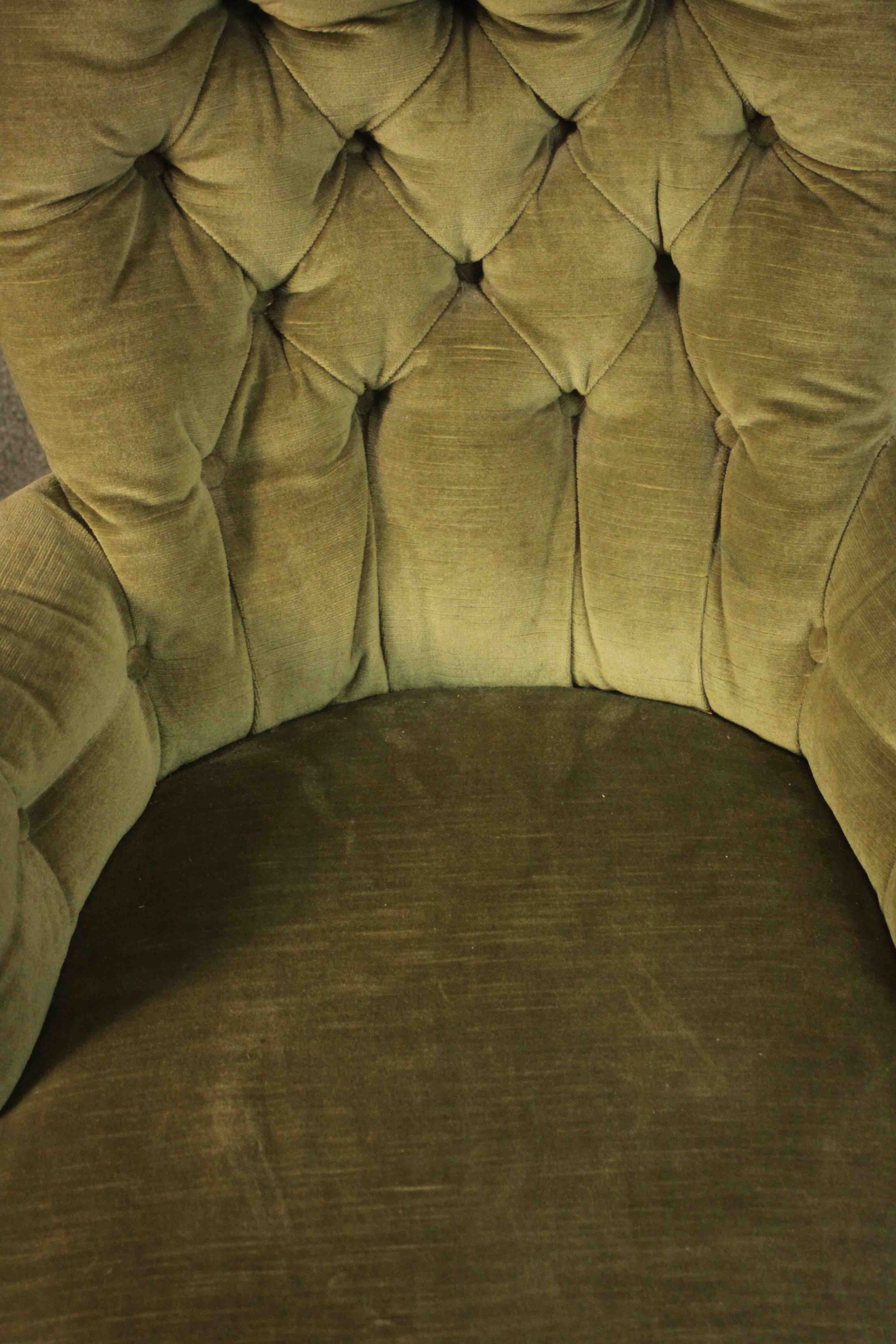 A Victorian armchair, upholstered in green velour with a buttoned back and arms, on turned walnut - Image 4 of 7