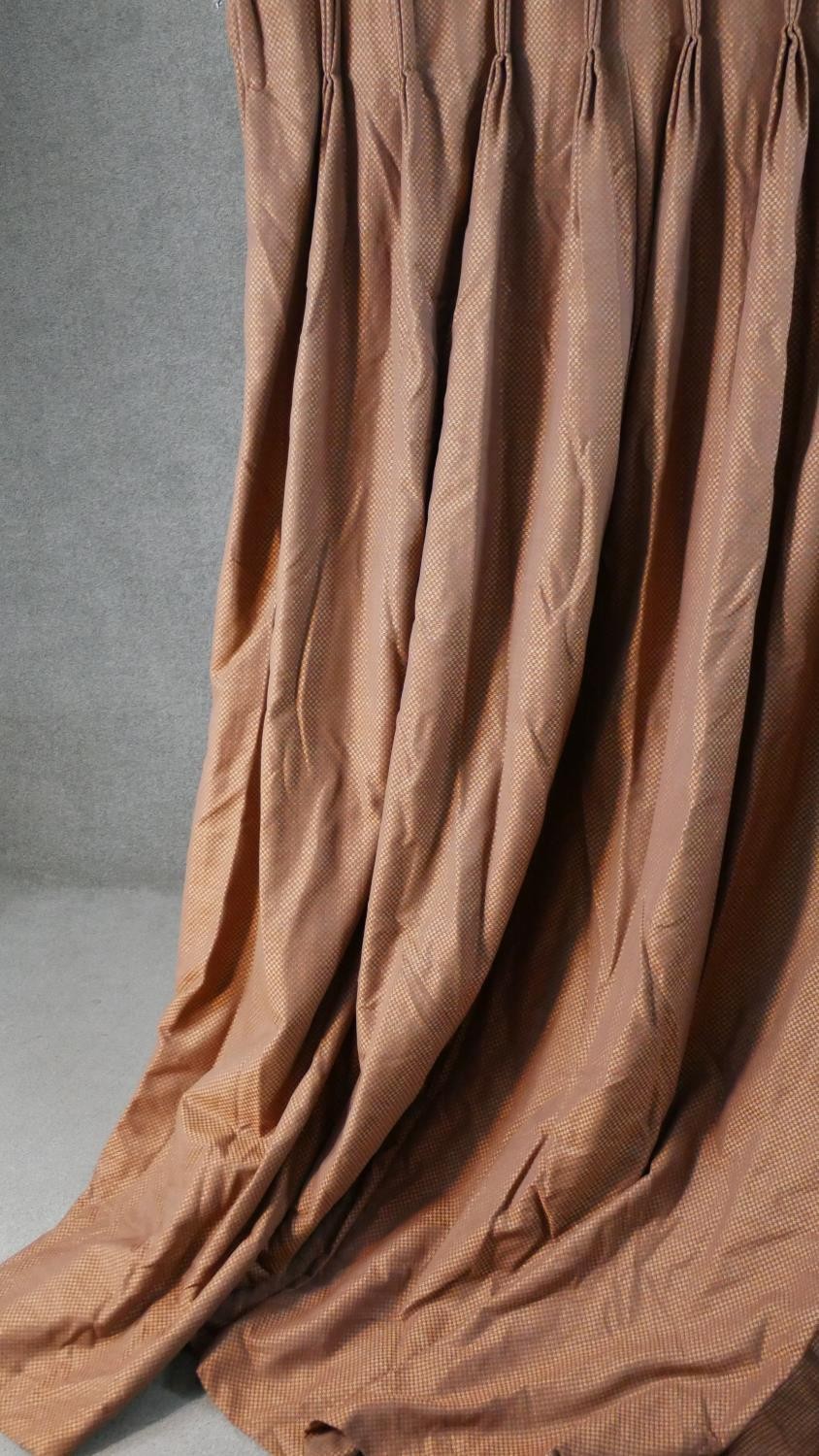 A pair of fully lined mixed silk and velvet orange checkerboard design curtains. L.233 W.560cm - Image 2 of 5