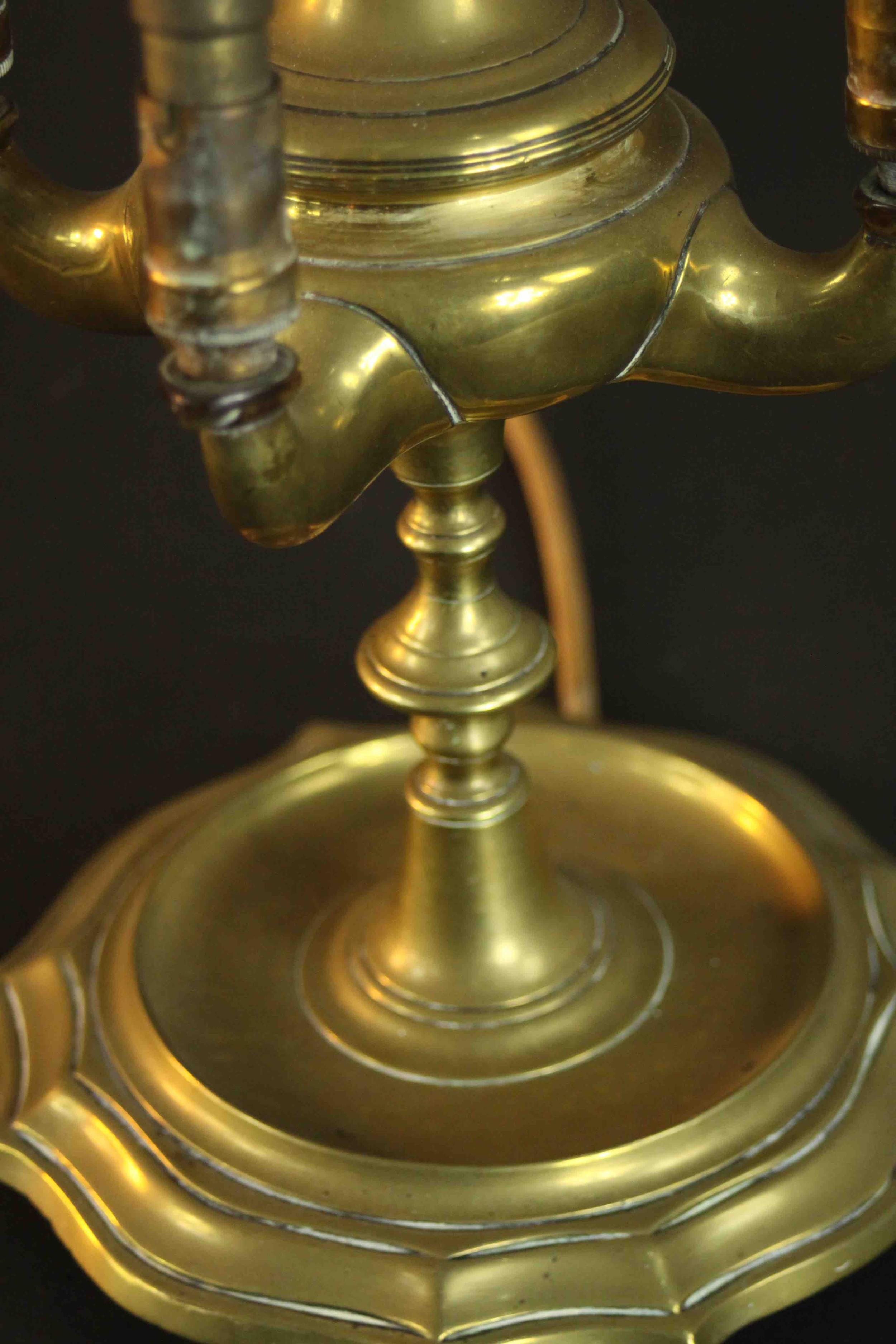 A 19th century brass four branch converted desk lamp on a ridged base. (one foot missing) H.50 Dia. - Image 6 of 7