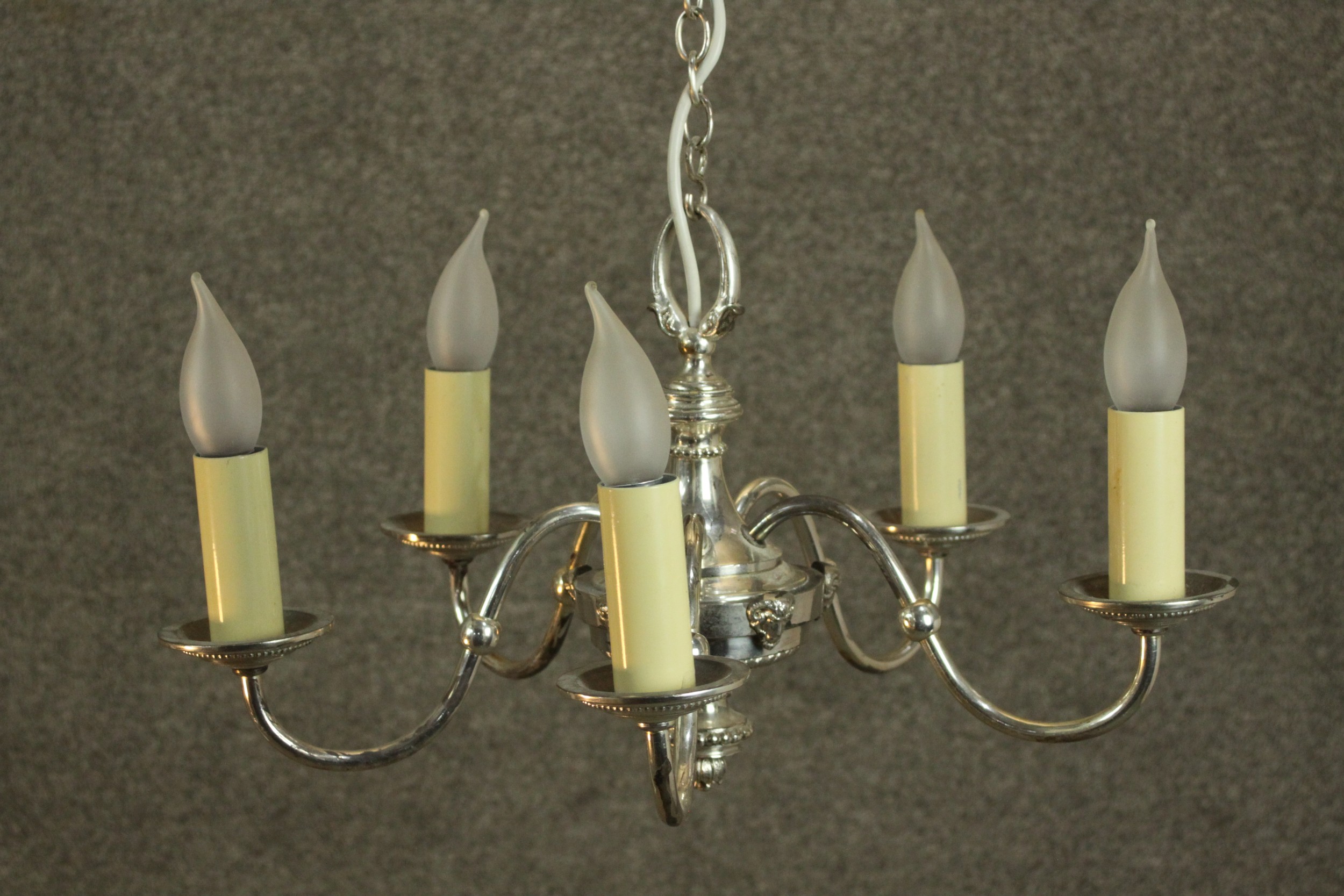 A 19th century style silver plated five branch chandelier and two matching two branch wall lights. - Image 3 of 10