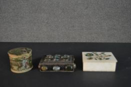 Three trinket boxes, including a Pietra dura white marble box, a white metal box with gemstone