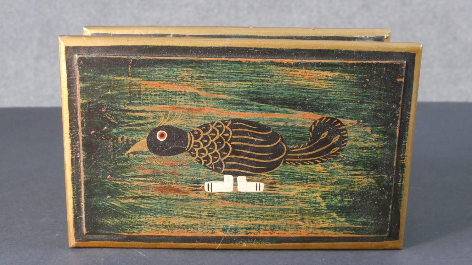 An Indian painted bird jewellery box with fold out mirror and draw along with a pair of turned - Image 5 of 8