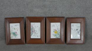 Four framed 19th century Chinese hand painted porcelain tiles, each depicting a different flower and