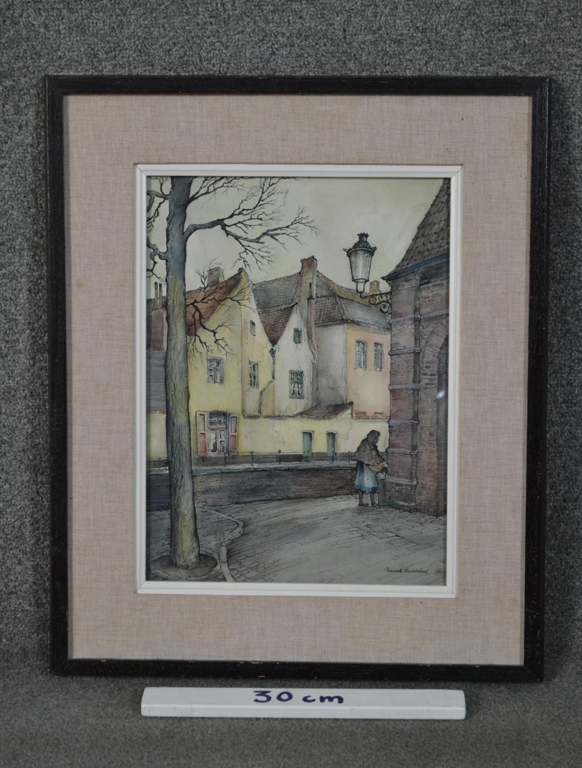 A framed and glazed watercolour with ink, Bruges street scene, indistinctly signed. H.58 W.46cm - Image 3 of 5