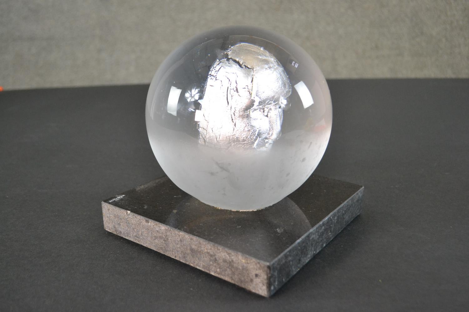 A BV Headman glass sculpture by Kosta Boda. A globe made of clear glass with a silver leaf head - Image 3 of 6