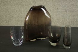 A Whitefriars glass shoulder vase in cinnamon, designed by Geoffrey Baxter along with three
