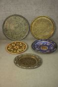 A collection of five 19th century ceramic and metalwork plates and trays. A Canton enamel Chinese