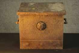 A cast iron zinc lined coal box with tudor rose motifs. H.32.5 W.41 D.34cm.