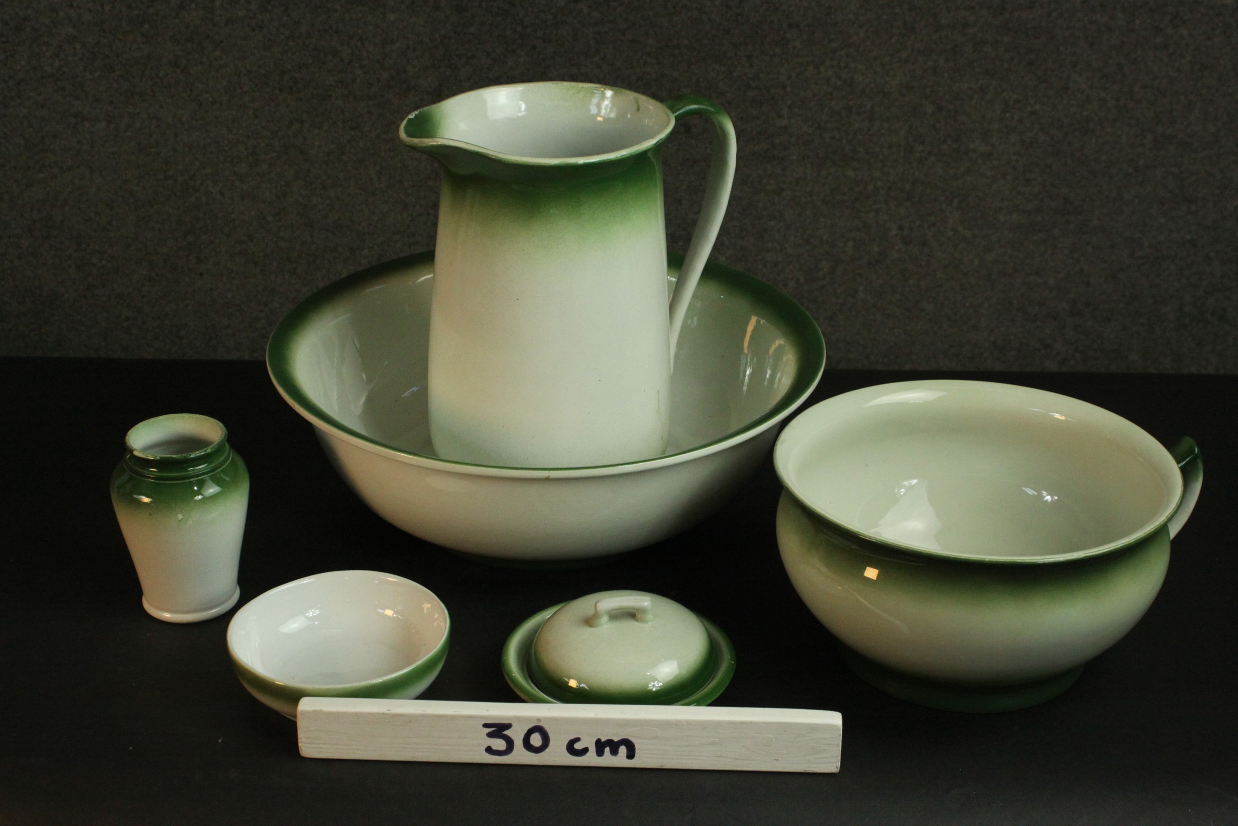 A Victorian or Edwardian Staffordshire pottery wash set, with green glazed detail. H.12 Dia.37cm. ( - Image 2 of 16