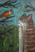 Wolf Howard, acrylic on canvas, 'Cat looking at Bird'. Monogrammed WH and signed and titled verso.