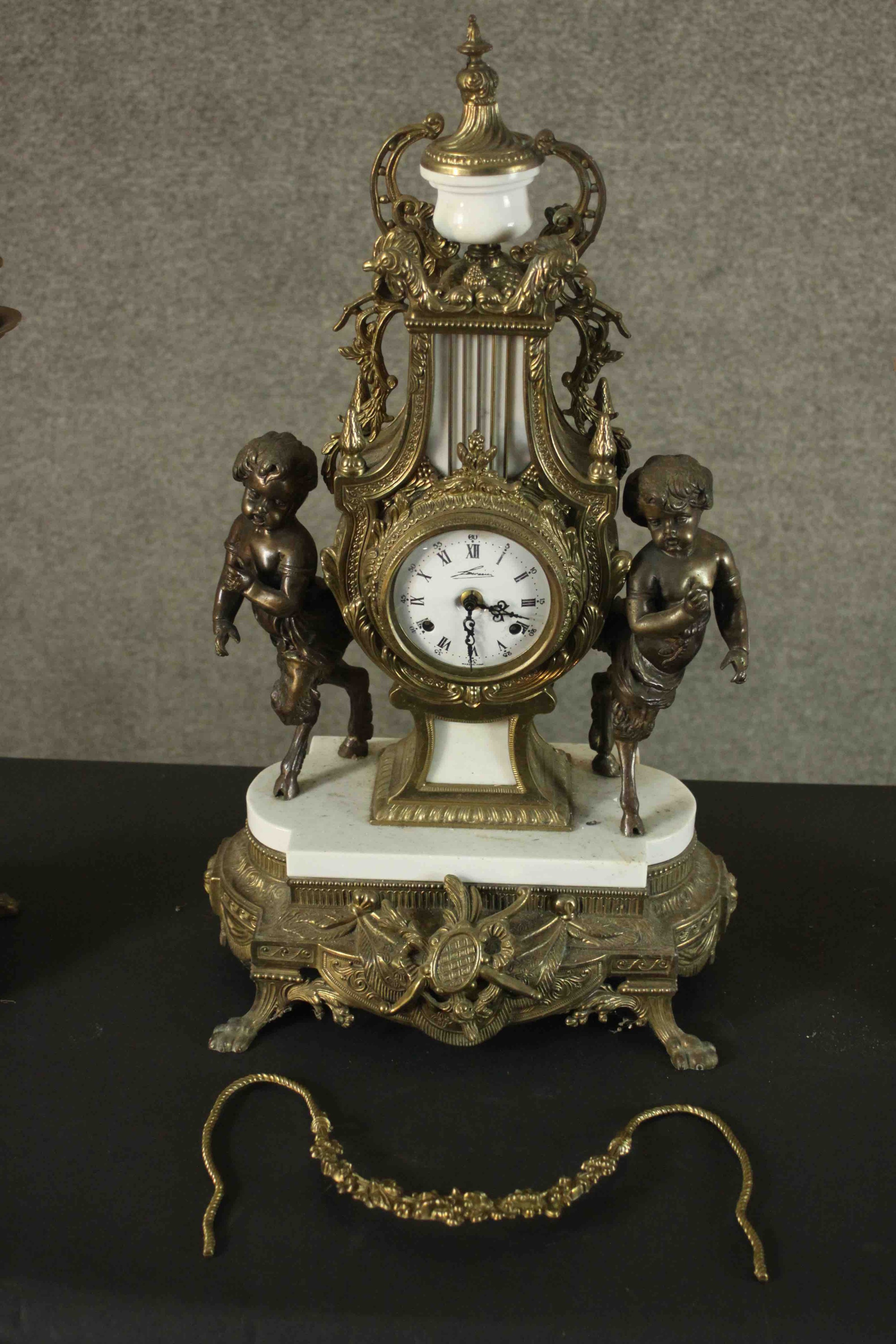 A 20th century Italian gilt metal clock garniture, the clock of lyre form with an enamelled dial - Image 7 of 15