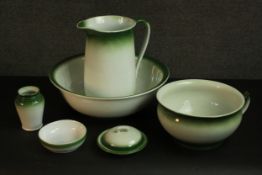 A Victorian or Edwardian Staffordshire pottery wash set, with green glazed detail. H.12 Dia.37cm. (