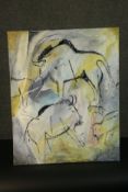 An unframed oil on canvas, cave painting style animal figures, signed Ken Smith with label to