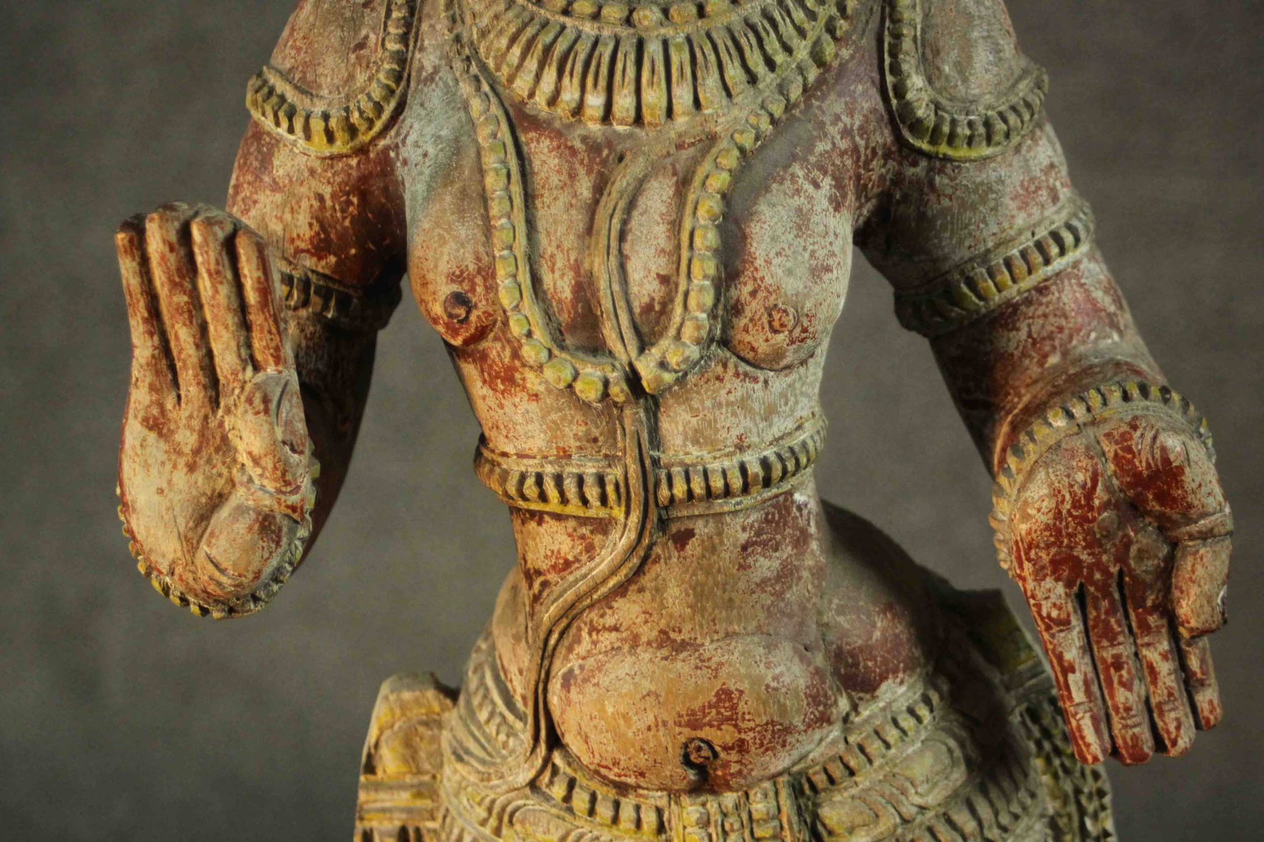 A large carved and painted 19th century Oriental statue of a deity standing on a rectangular lotus - Image 4 of 11