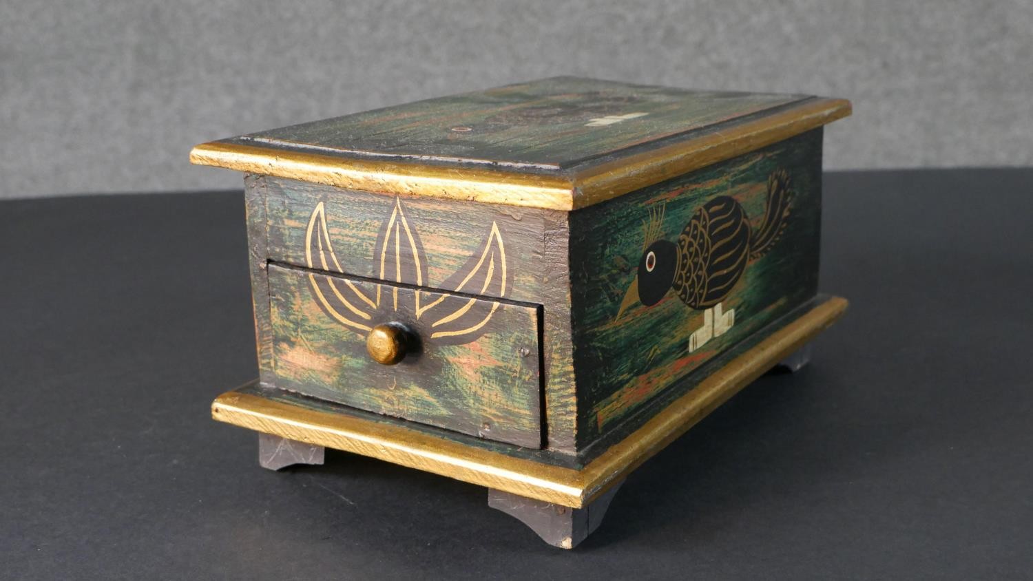 An Indian painted bird jewellery box with fold out mirror and draw along with a pair of turned - Image 6 of 8