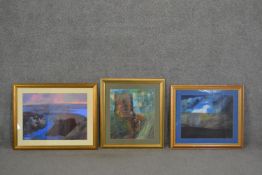 Attributed to Barrie Houghton, a collection of three framed and glazed acrylics on paper, landscape