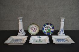 A collection of ceramics and porcelain, including two Chinese brass cased hand painted dishes one