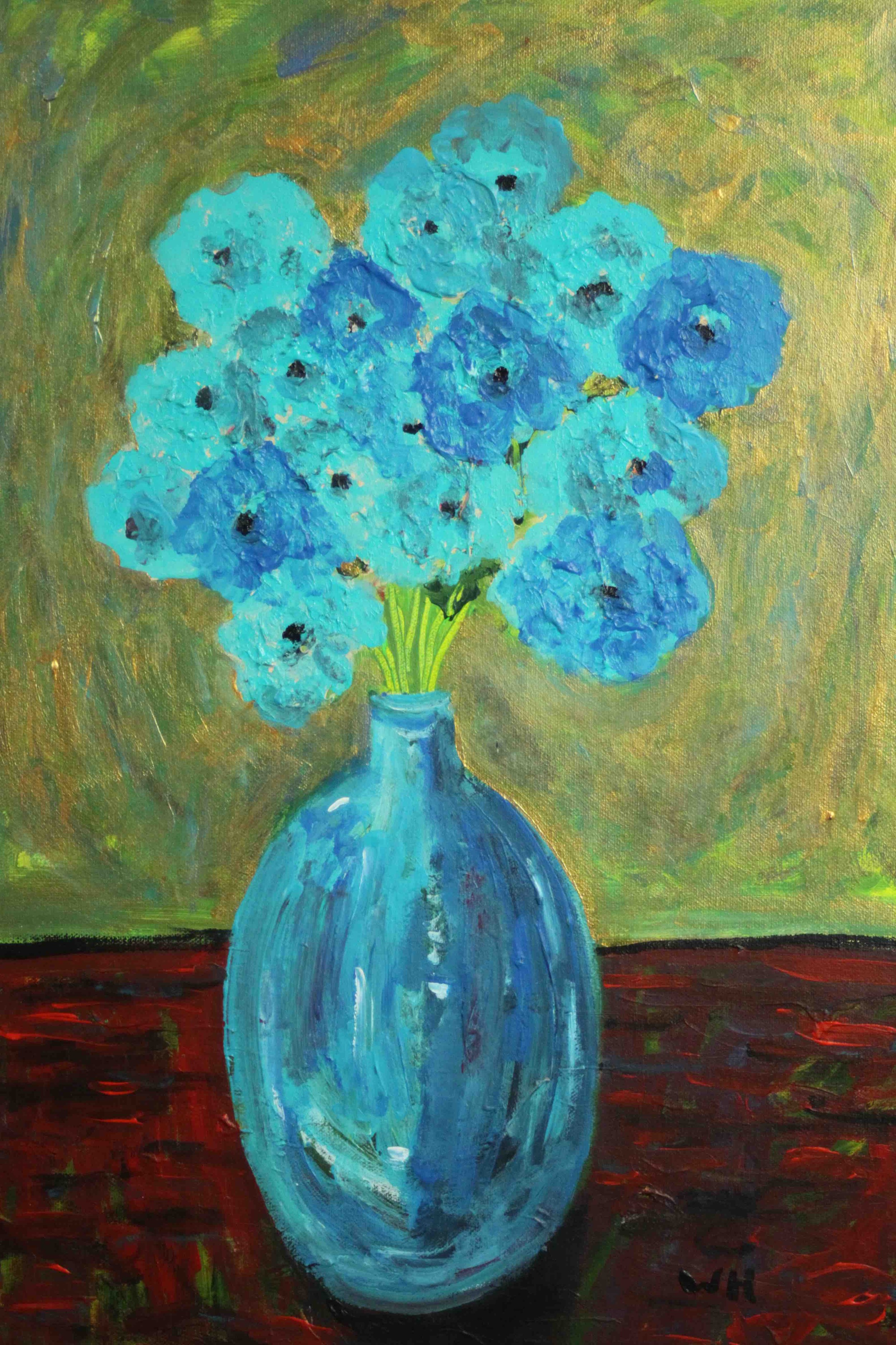 Wolf Howard, acrylic on canvas, 'Blue Flowers in Blue Vase'. Monogrammed WH and signed and titled