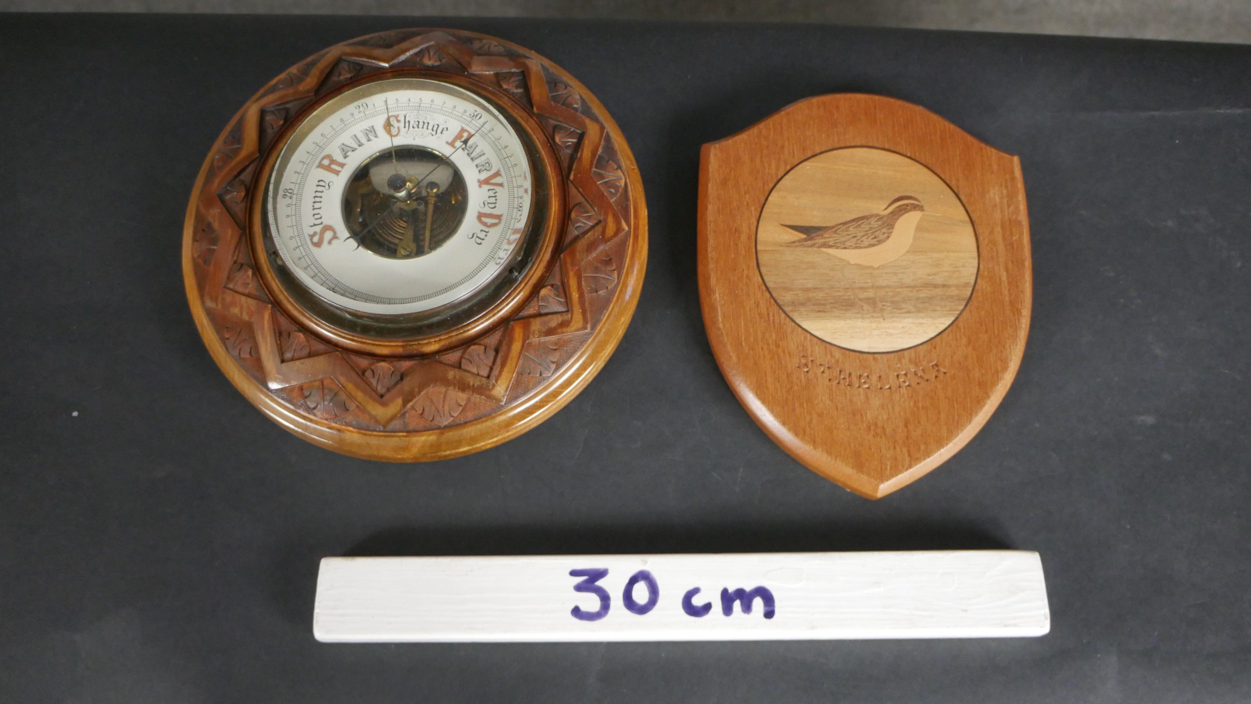 An early 20th century carved oak Barometer with enamel dial along with a marquetry shield - Image 2 of 6