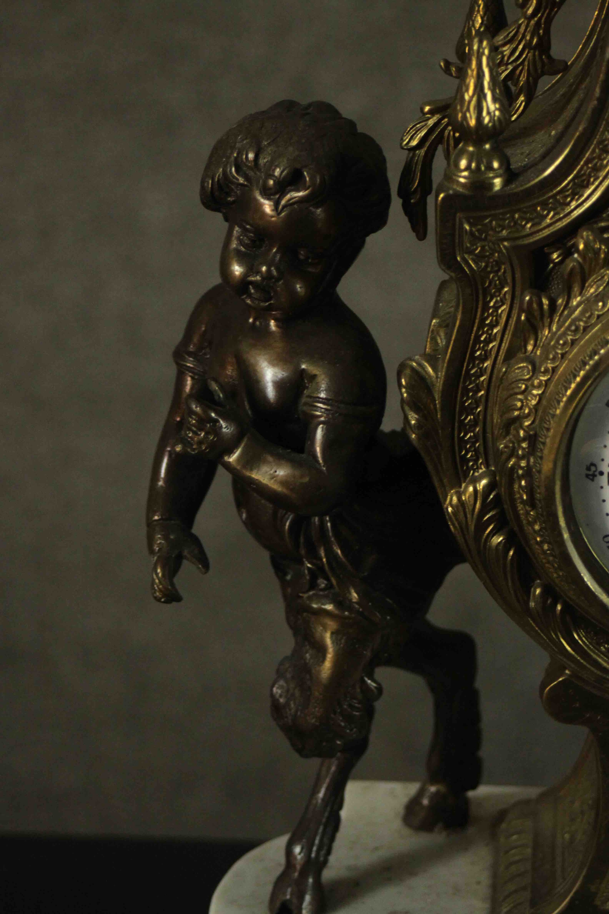 A 20th century Italian gilt metal clock garniture, the clock of lyre form with an enamelled dial - Image 5 of 15
