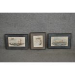 Three framed and glazed hand coloured 19th century engravings including "View of Dunkirk" and "The