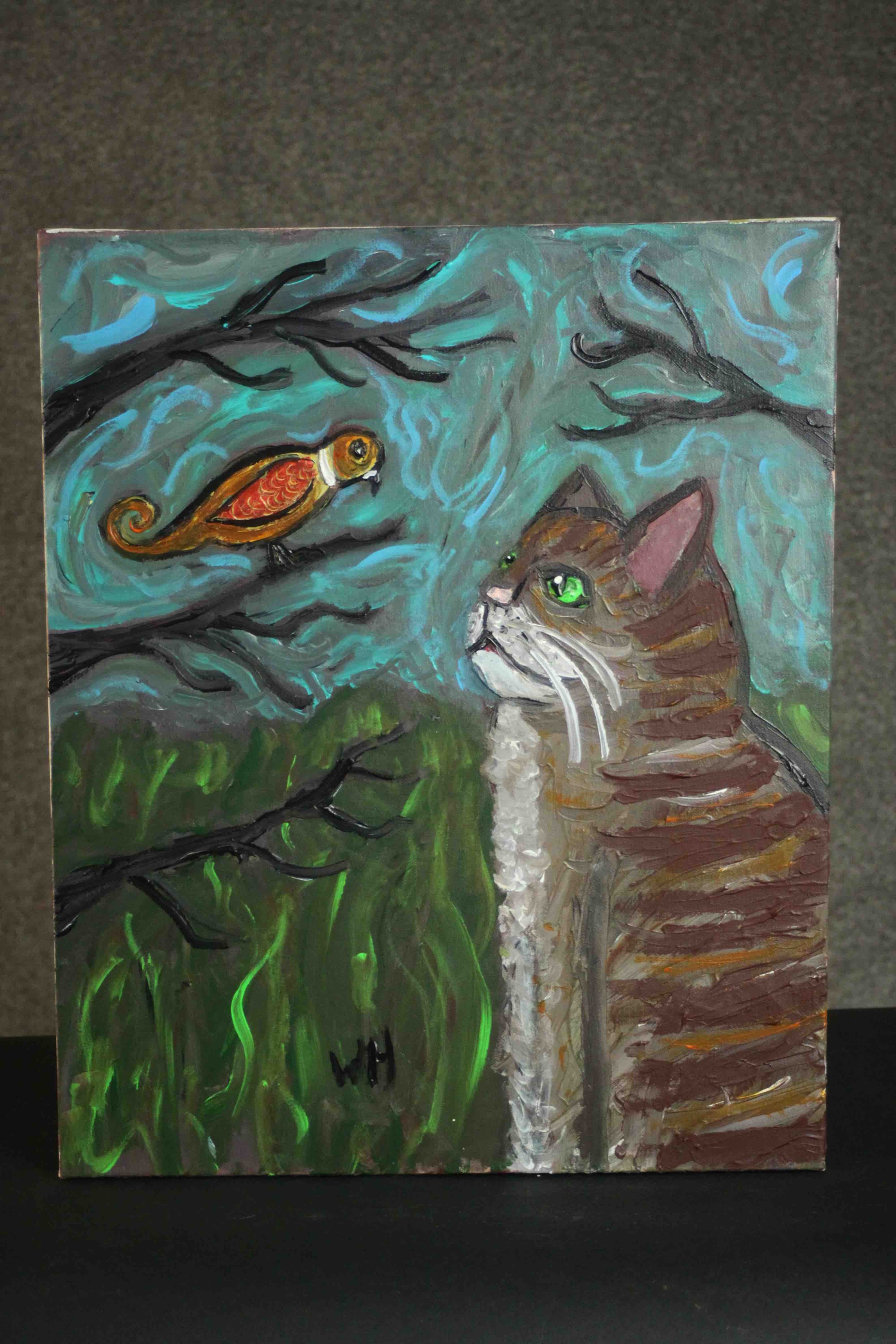 Wolf Howard, acrylic on canvas, 'Cat looking at Bird'. Monogrammed WH and signed and titled verso. - Image 2 of 6