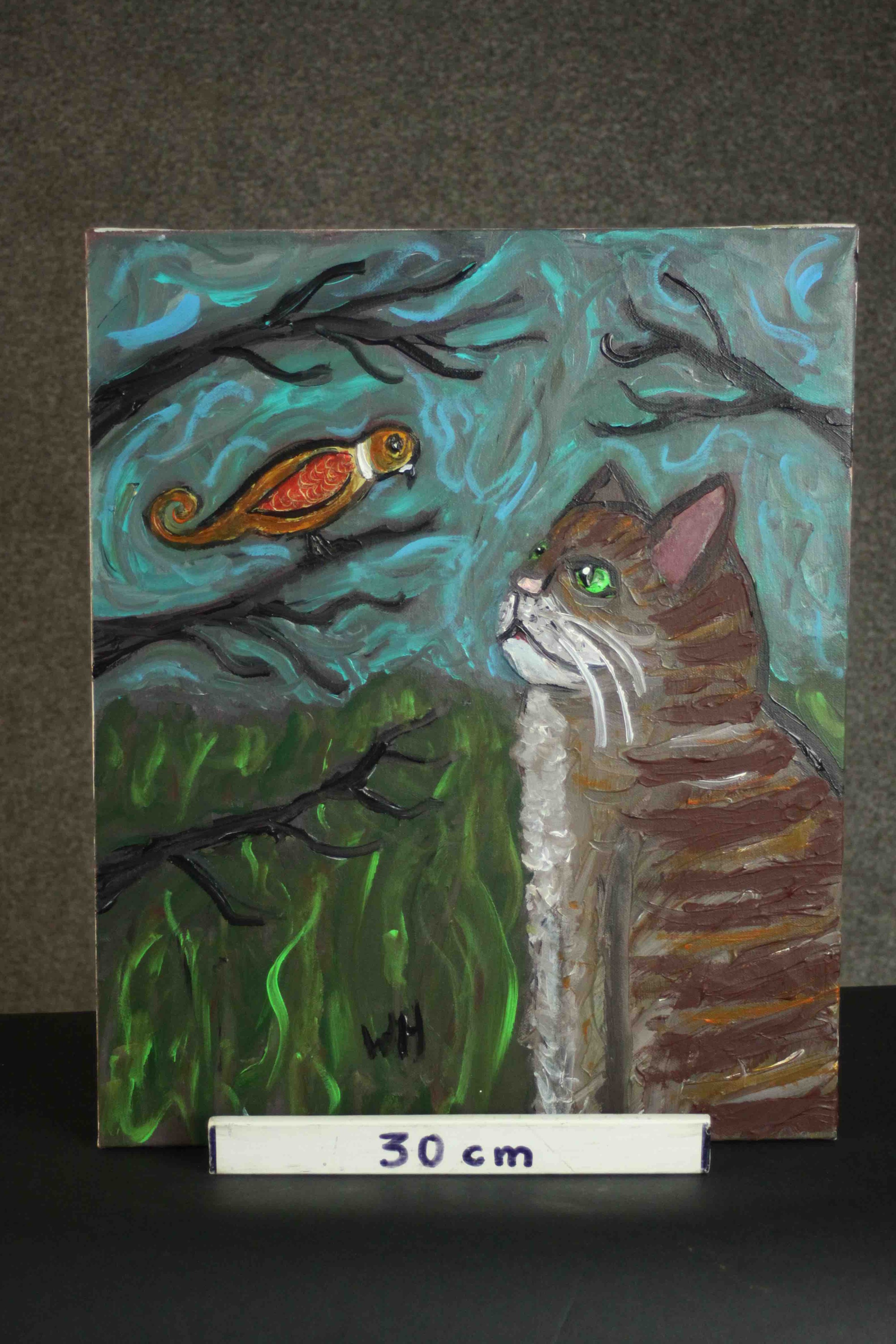 Wolf Howard, acrylic on canvas, 'Cat looking at Bird'. Monogrammed WH and signed and titled verso. - Image 3 of 6