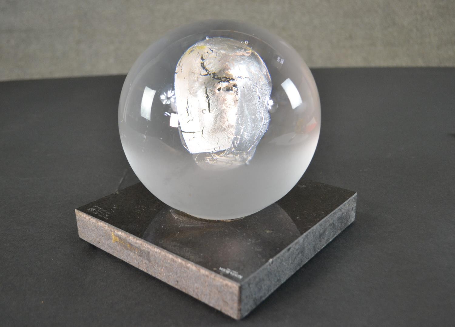 A BV Headman glass sculpture by Kosta Boda. A globe made of clear glass with a silver leaf head - Image 4 of 6