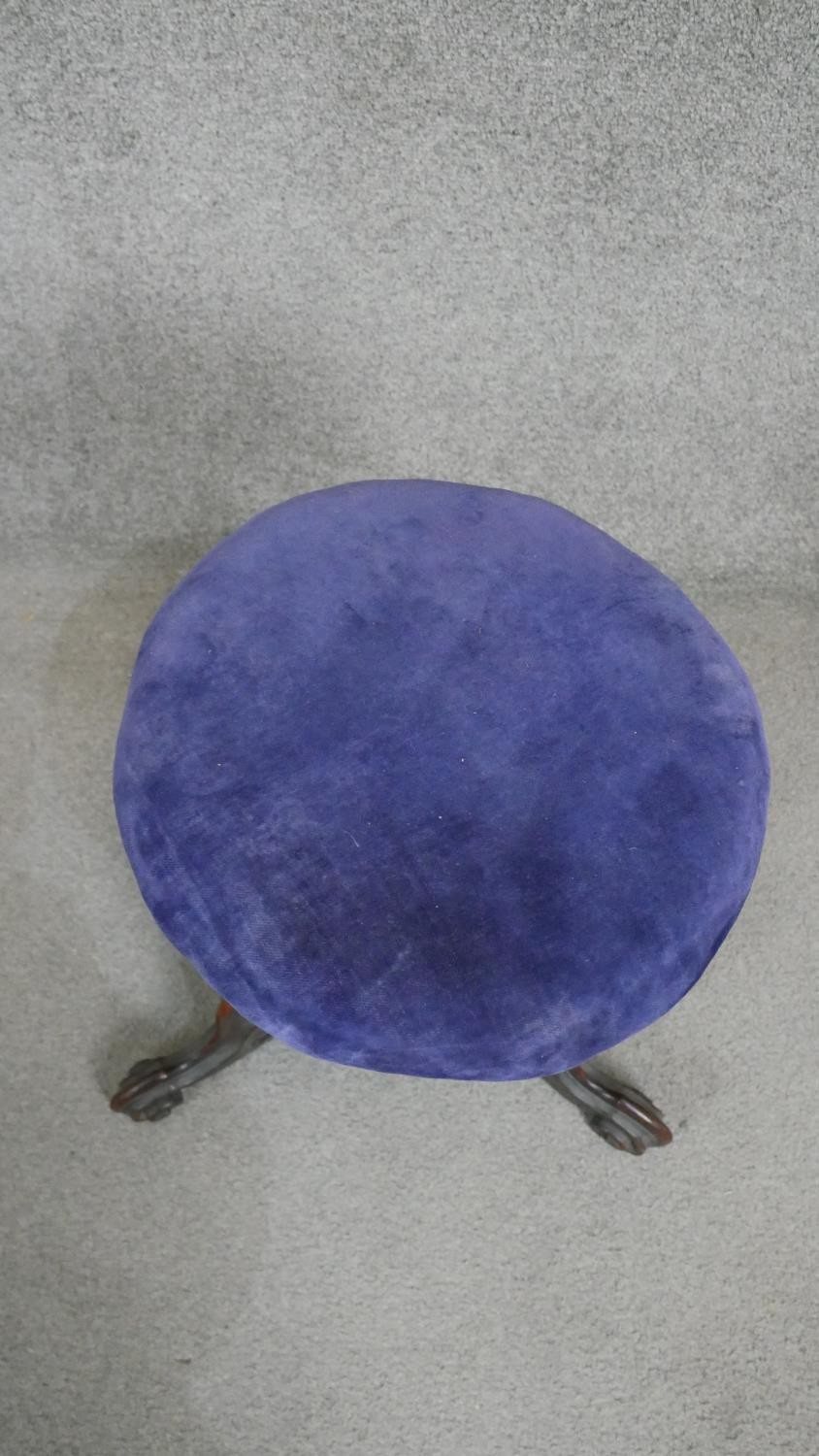 A Victorian mahogany stool, the circular seat upholstered in blue velour on a carved baluster stem - Image 3 of 4