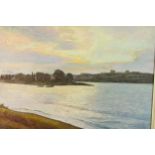 A gilt framed oil on canvas, riverscape, indistinctly signed and inscribed to the back. H.74 W.93cm.