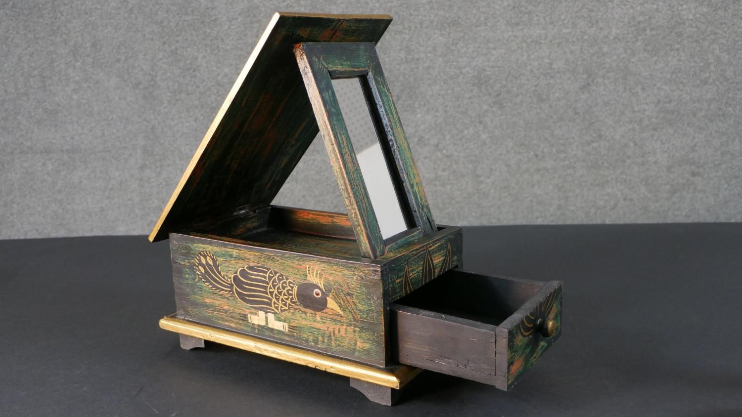 An Indian painted bird jewellery box with fold out mirror and draw along with a pair of turned - Image 8 of 8