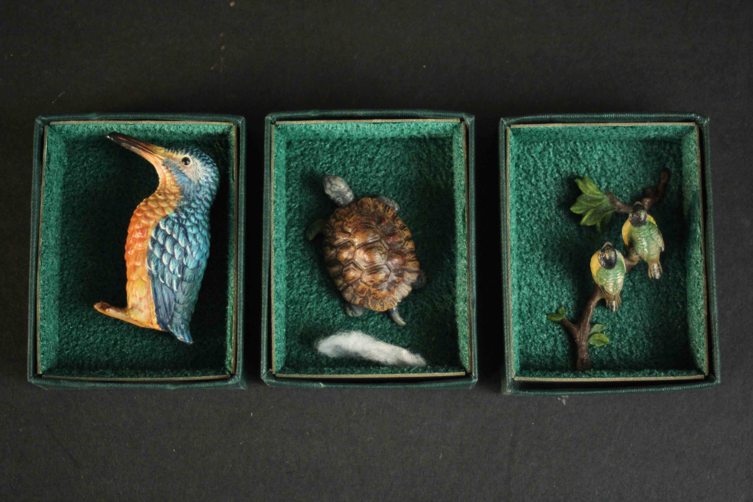 Three boxed Austrian Vienna miniature cold painted bronze animals. Kingfisher, pair of blue tits