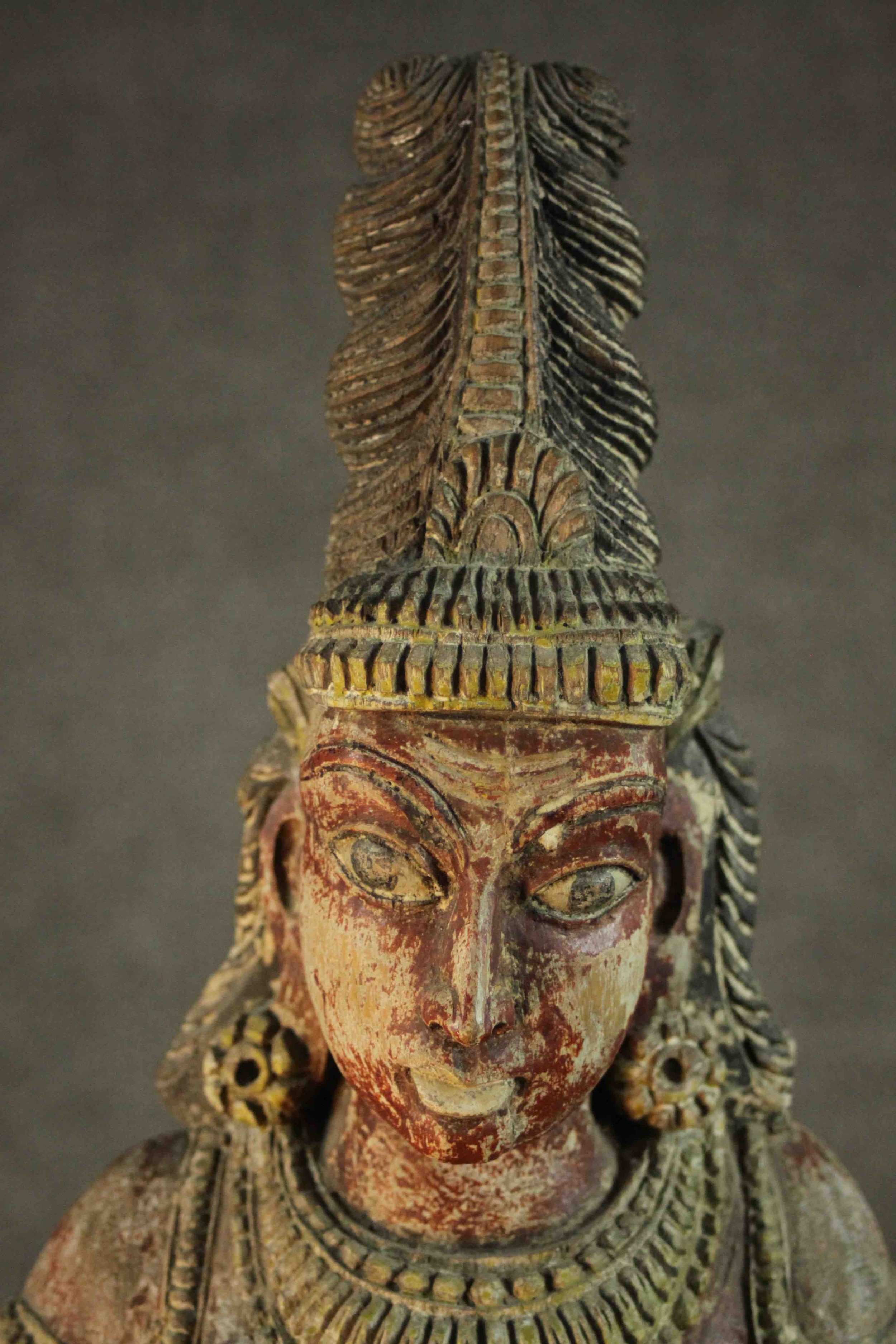 A large carved and painted 19th century Oriental statue of a deity standing on a rectangular lotus - Image 3 of 11