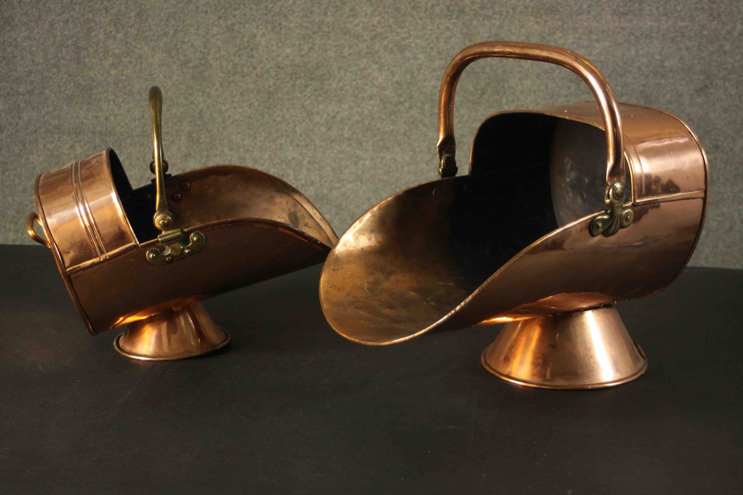 A large and small Victorian copper coal scuttle with brass handles. H.45 W.48 D.36cm. - Image 2 of 16