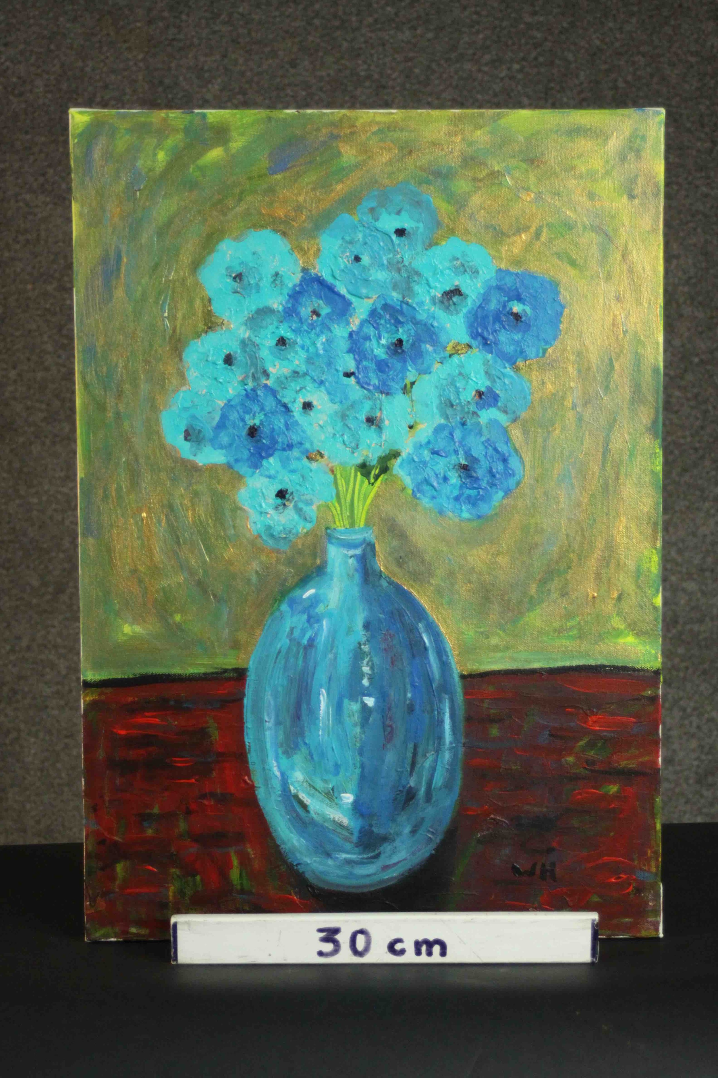 Wolf Howard, acrylic on canvas, 'Blue Flowers in Blue Vase'. Monogrammed WH and signed and titled - Image 3 of 6