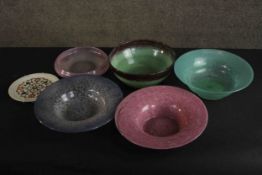 A collection of five art glass bowls and a Pietra dura plate. The glass with marbled pastel colours,