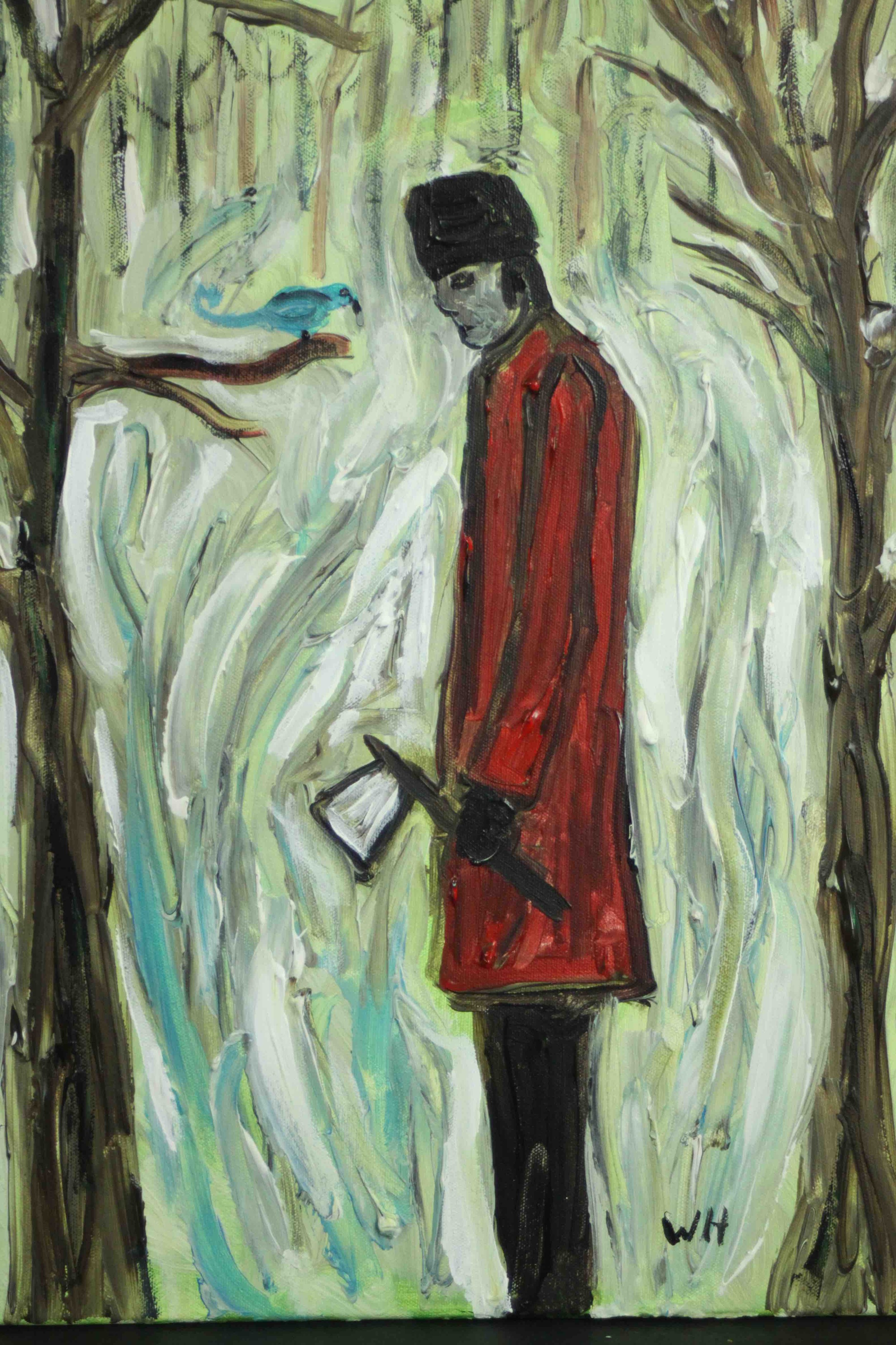 Wolf Howard, acrylic on canvas, 'Man and Bird'. Monogrammed WH and signed and titled verso. H.51 W.