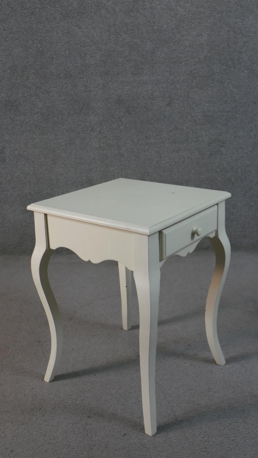 A pair of French style painted bedside tables, with a square top over a single drawer on cabriole - Image 9 of 9