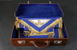 A collection of Masonic regalia in a brown leather case. H.27 W.50 D.12cm (suitcase)