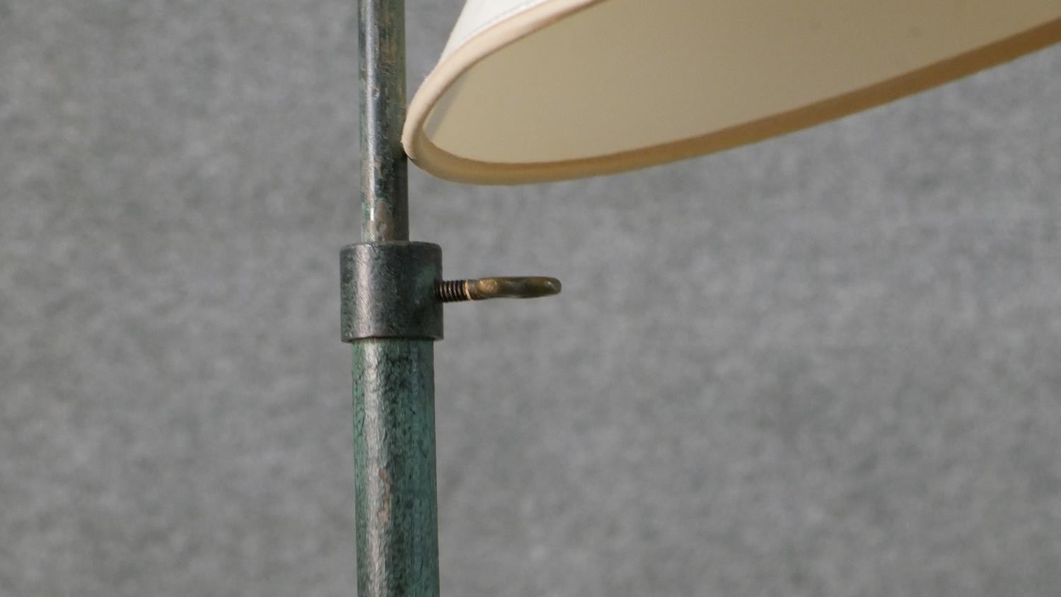 A Victorian style wrought iron standard lamp with a verdigris finish, a cream coloured shade, on - Image 5 of 6