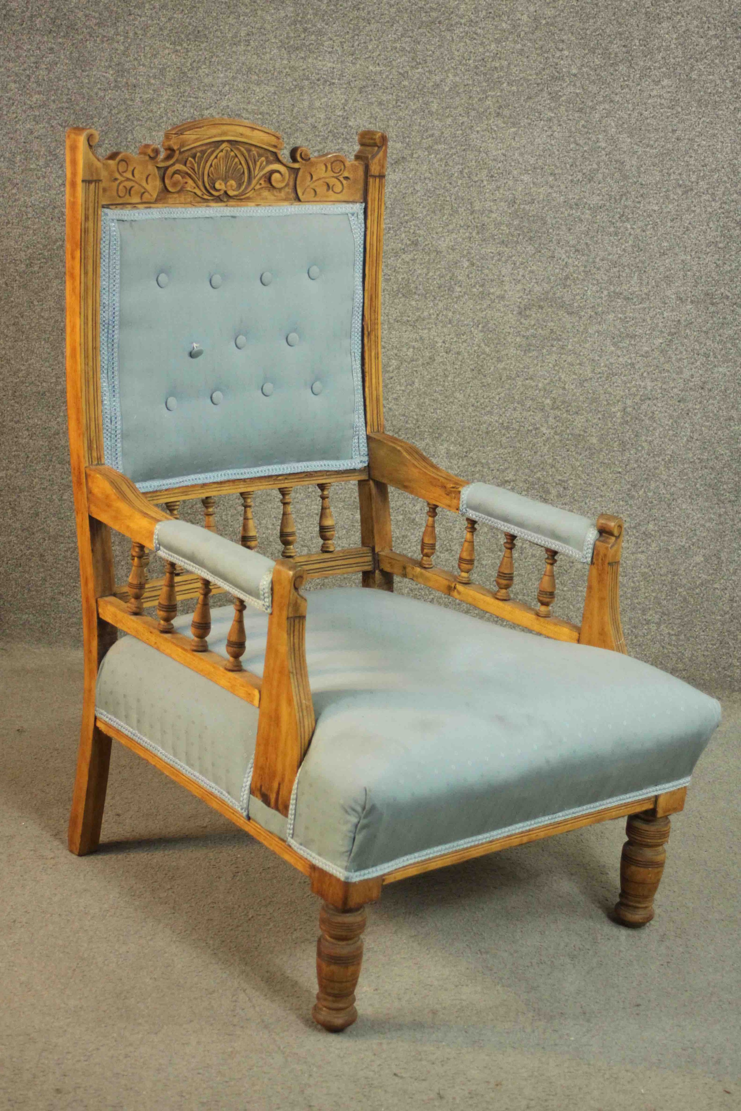 A late 19th century walnut armchair, with a carved top rail, upholstered to the arms, seat and - Image 2 of 6