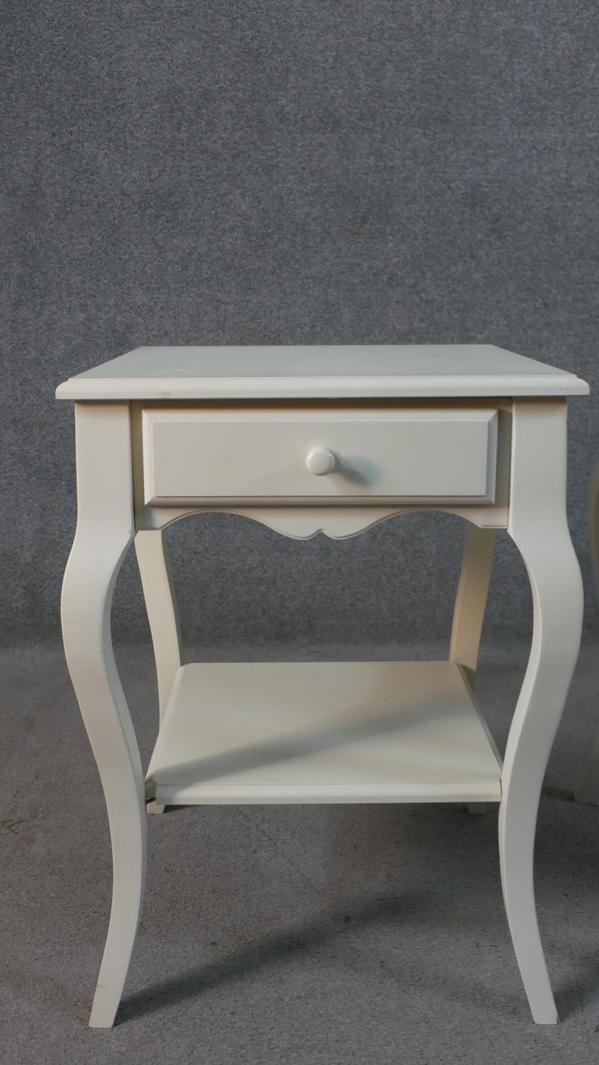 A pair of French style painted bedside tables, with a square top over a single drawer on cabriole - Image 2 of 9