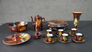 A collection of Lawleys Royal Staffordshire butterfly lustre pottery butterfly. Six coffee cups