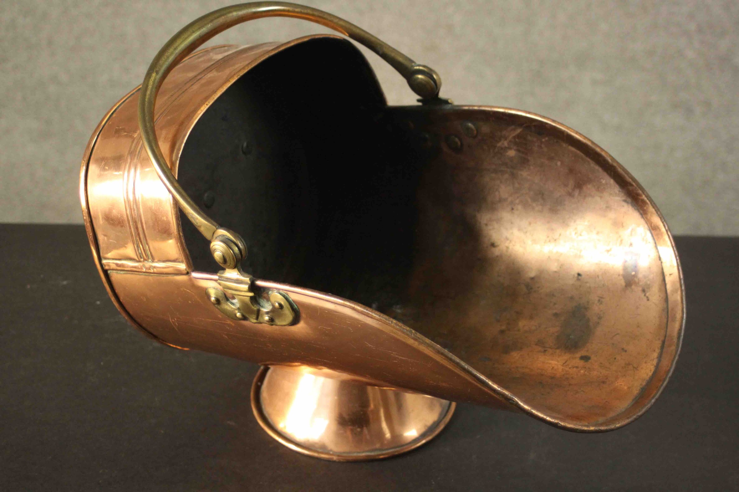 A large and small Victorian copper coal scuttle with brass handles. H.45 W.48 D.36cm. - Image 13 of 16