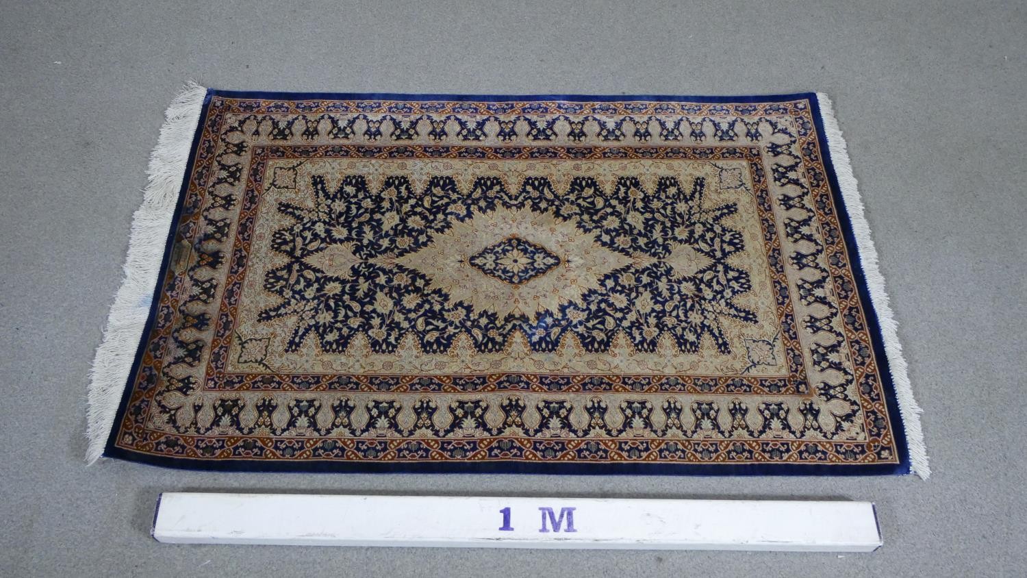 A handmade blue ground Chinese silk rug L.118 H.76cm - Image 2 of 6