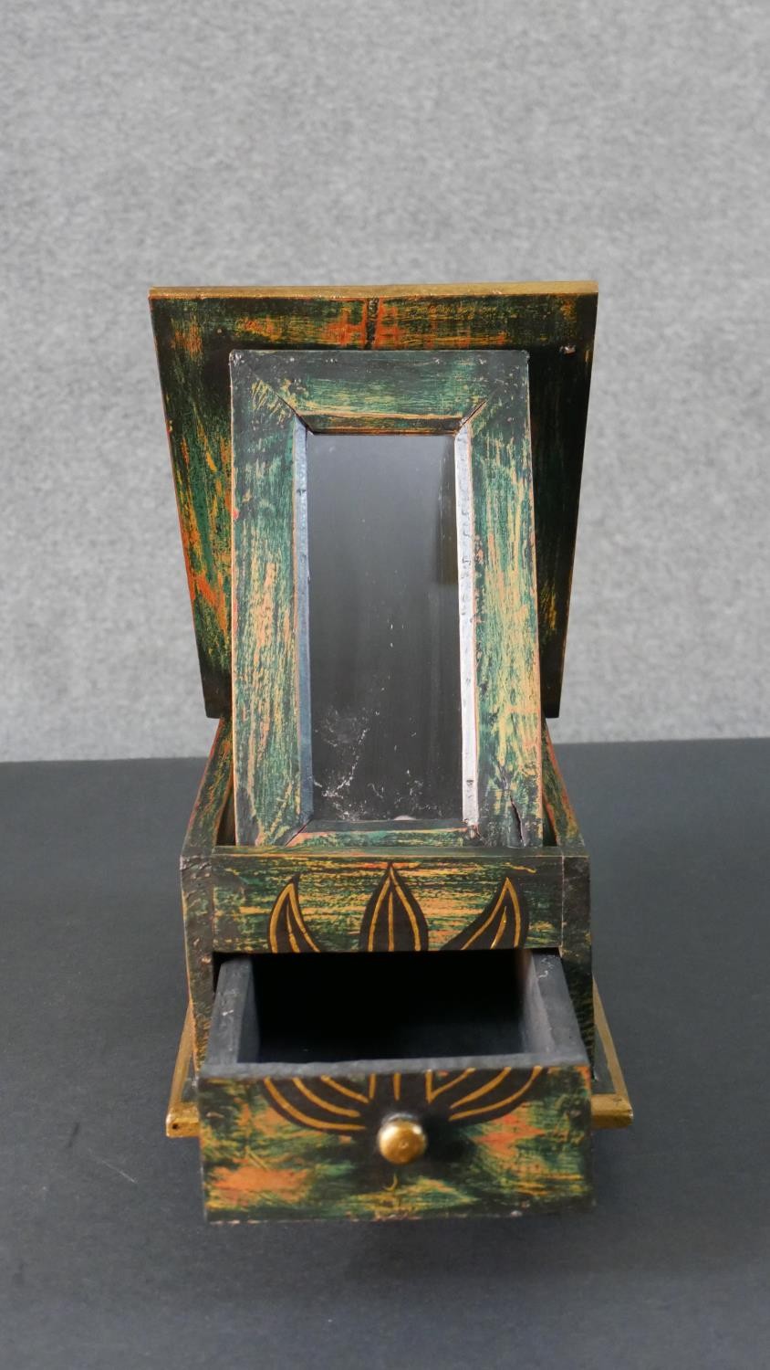 An Indian painted bird jewellery box with fold out mirror and draw along with a pair of turned - Image 7 of 8