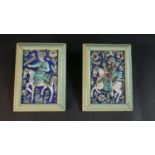 A pair of framed antique Qajar Persian hand painted and polychrome glazed ceramic tiles of