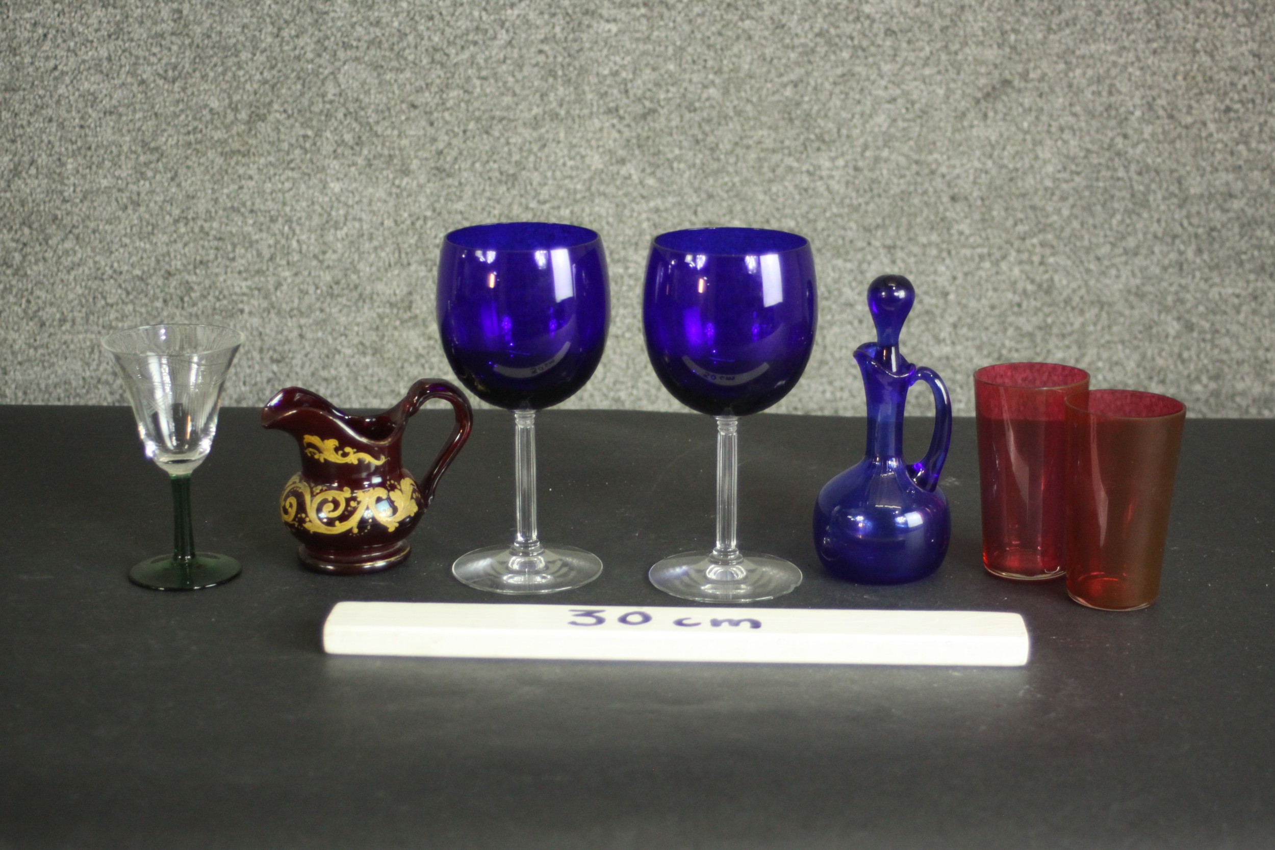 A collection of 19th century coloured glass, including a pair of Bristol blue blown glass wine - Image 2 of 7