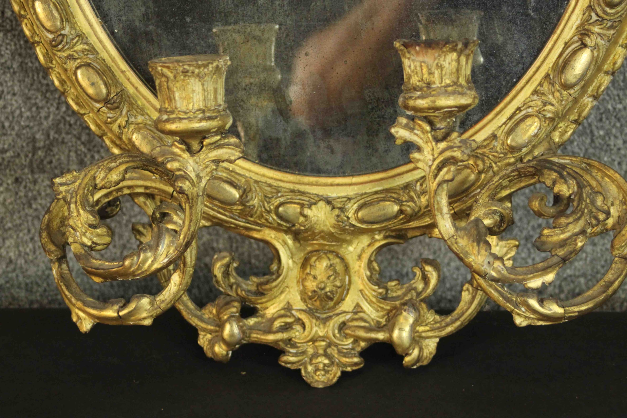 A 19th century French girandole mirror, of oval form, the mirror plate within a moulded acanthus - Image 2 of 5