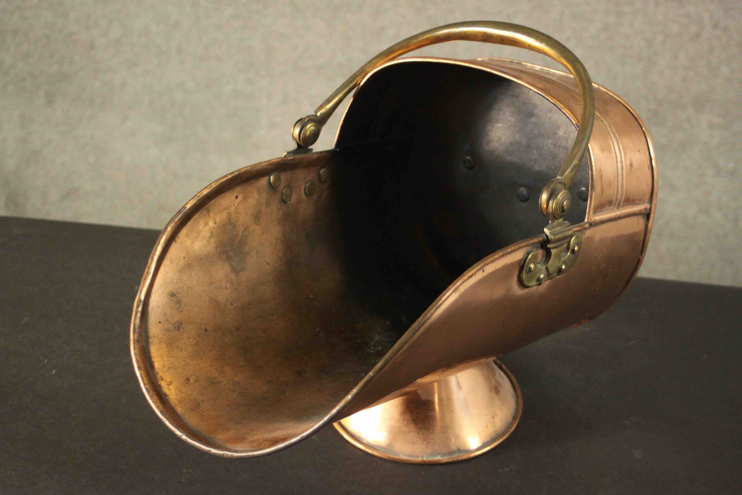 A large and small Victorian copper coal scuttle with brass handles. H.45 W.48 D.36cm. - Image 12 of 16